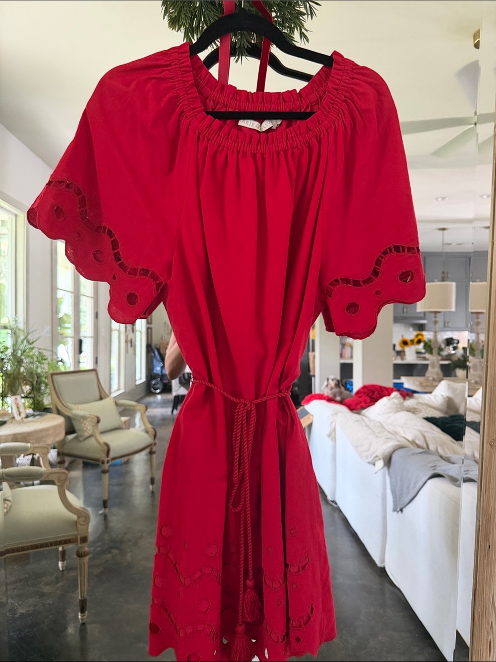 Marie Oliver Red Mini Dress with Eyelet Trim